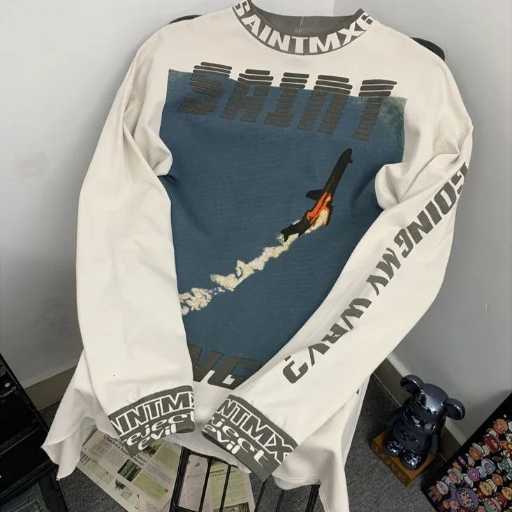 全新♥ 欧米ストリート系 ✈️ 飛行機イラスト ヴィンテージ風 襟元レタープリント ウォッシュ加工 ルーズフィット 長袖Tシャツ K