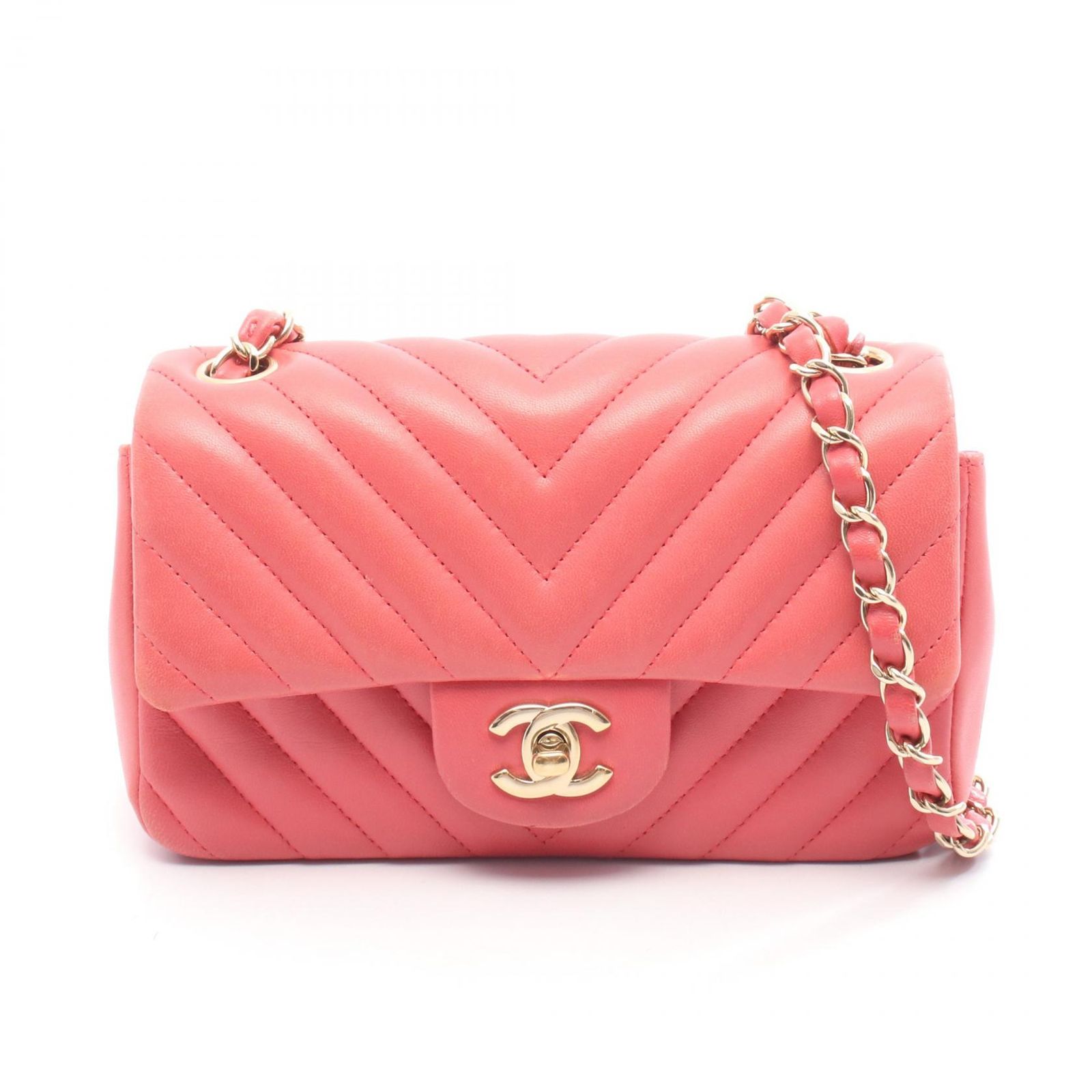 シャネル CHANEL ショルダーバッグ シェブロン Vステッチ ミニ 20 ピンク レザー チェーンショルダー レディース A