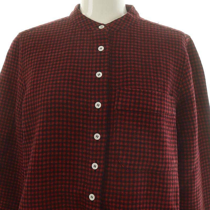 Drawerシャツワンピース チェック ブラウン36ドゥロワー ドゥロワー Drawer チェック柄ノーカラープルオーバーシャツワンピース