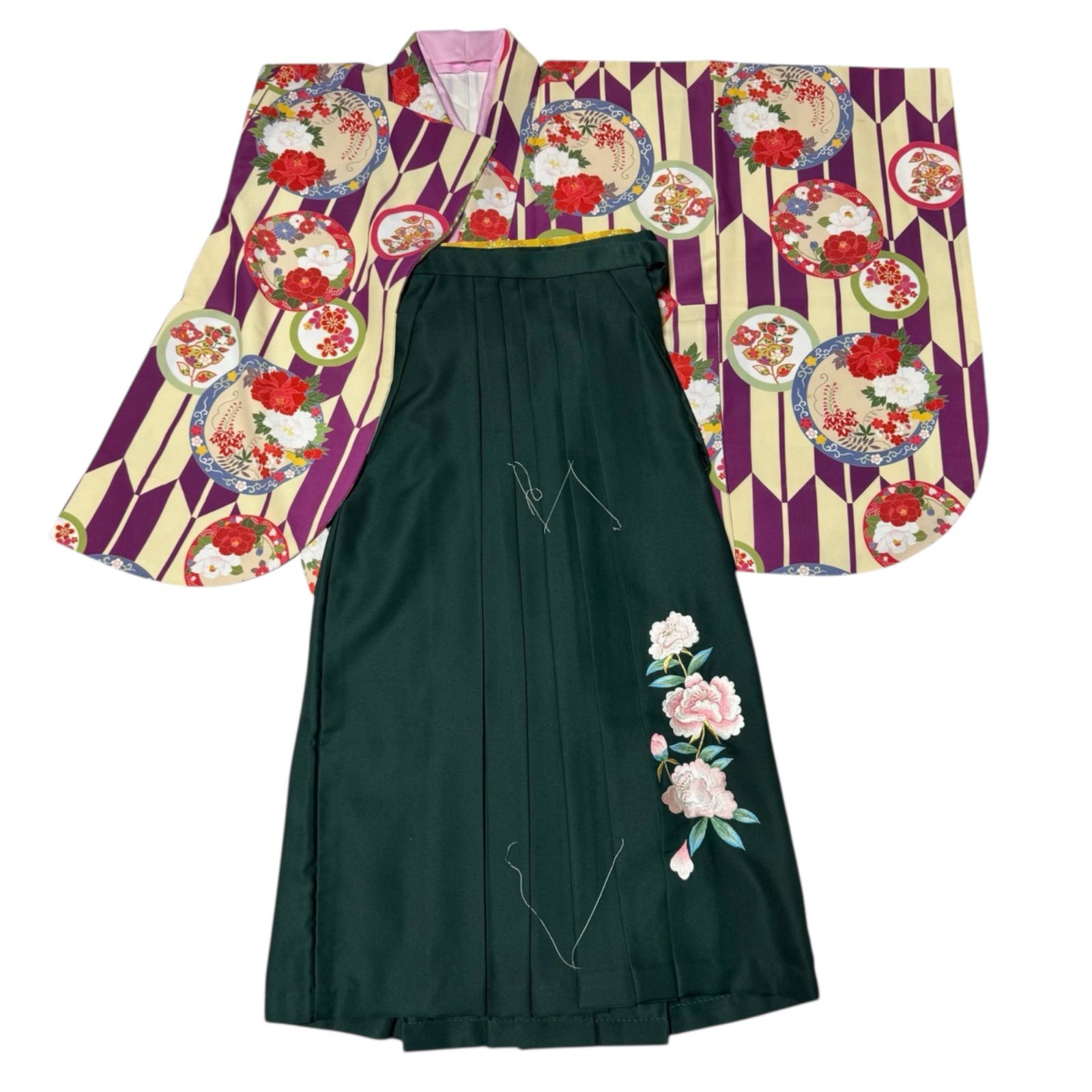 二尺袖 袴セット 87 91 95 小振袖 袴 刺繍付き 卒業式 卒業着物 卒業衣装 モダン 大学生 短大生 小学生 牡丹 矢絣
