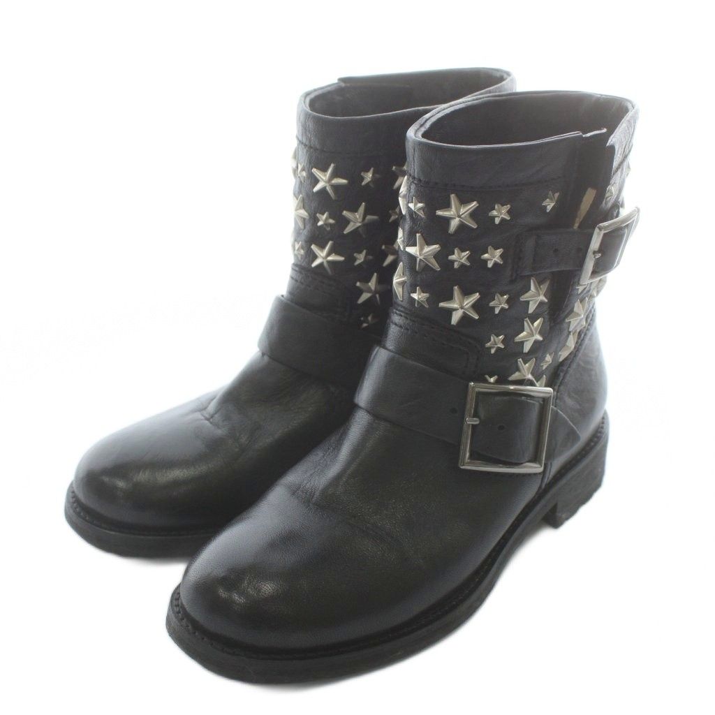ジミーチュウ JIMMY CHOO エンジニアブーツ ショート レザー 星 スター スタッズ ベルト 35.5 22.5㎝ 黒 ブラック |XZ GY 18