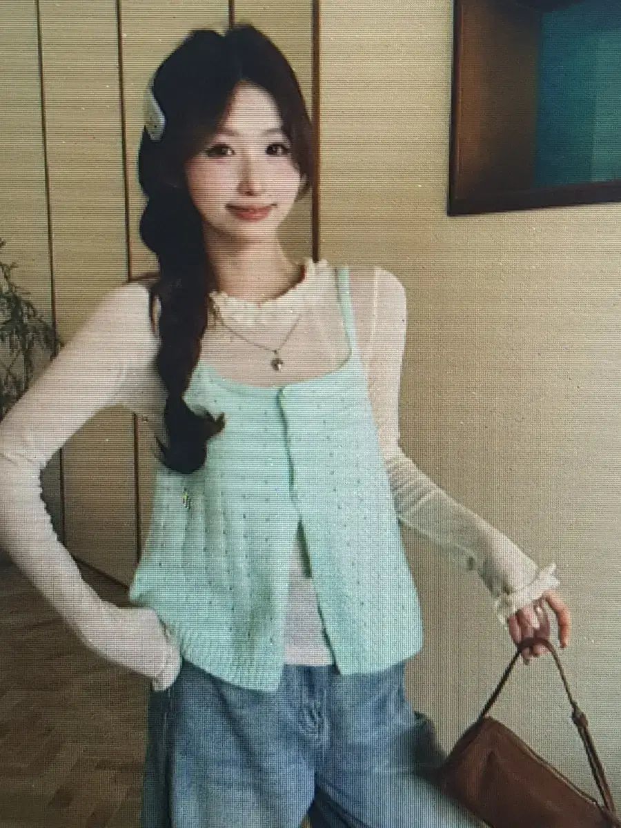 海外配送 ミント色ニットカーディガン シースルーブラウス セット