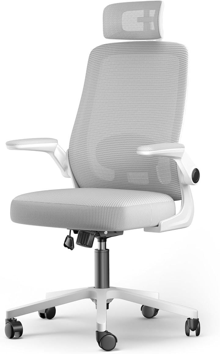 Lomurae オフィスチェア デスクチェア ゲーミングチェア 腰サポート可動式ランバー 跳ね上げ式アームレスト 2Dヘッドレスト 30°ロッキング 通気性メッシュ 8CM厚座面 360°回転 10CM昇降調節 パソコンチェア グレー 大型