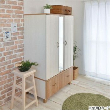 ミラー 日本製組立家具 カントリー風 ミラー付ワードローブ 洋服タンス