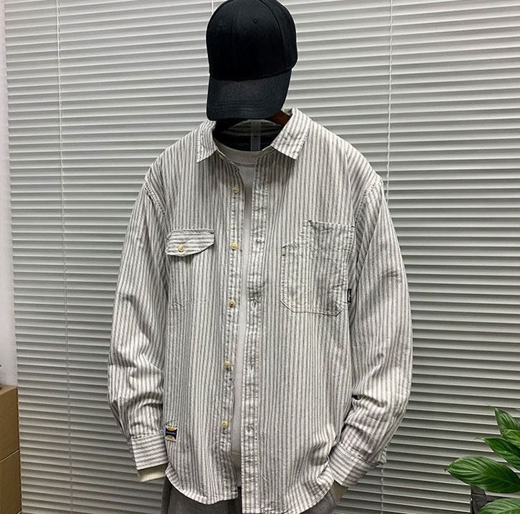 全新♥ 春夏向け ストライプ柄 カジュアル ルーズフィット 万能トレンド ins風 長袖シャツ メンズ ブランド風 ハンサム スタイル シャツジャケット K