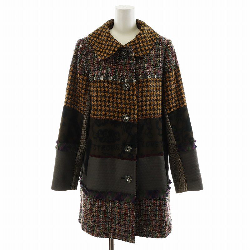 アルベロベロ olleborebla ステンカラーコート ミドル丈 ツイード クレイジーパターン アウター マルチカラー グレー ベージュ 黄 イエロー |AN 29