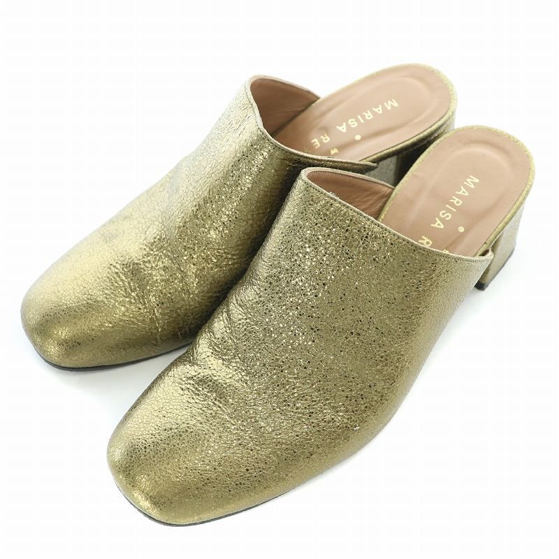 マリサレイ MARISA REY ミュール サンダル スクエアトゥ チャンキーヒール ラメ 38 24 cm ゴールド色 |BB OF