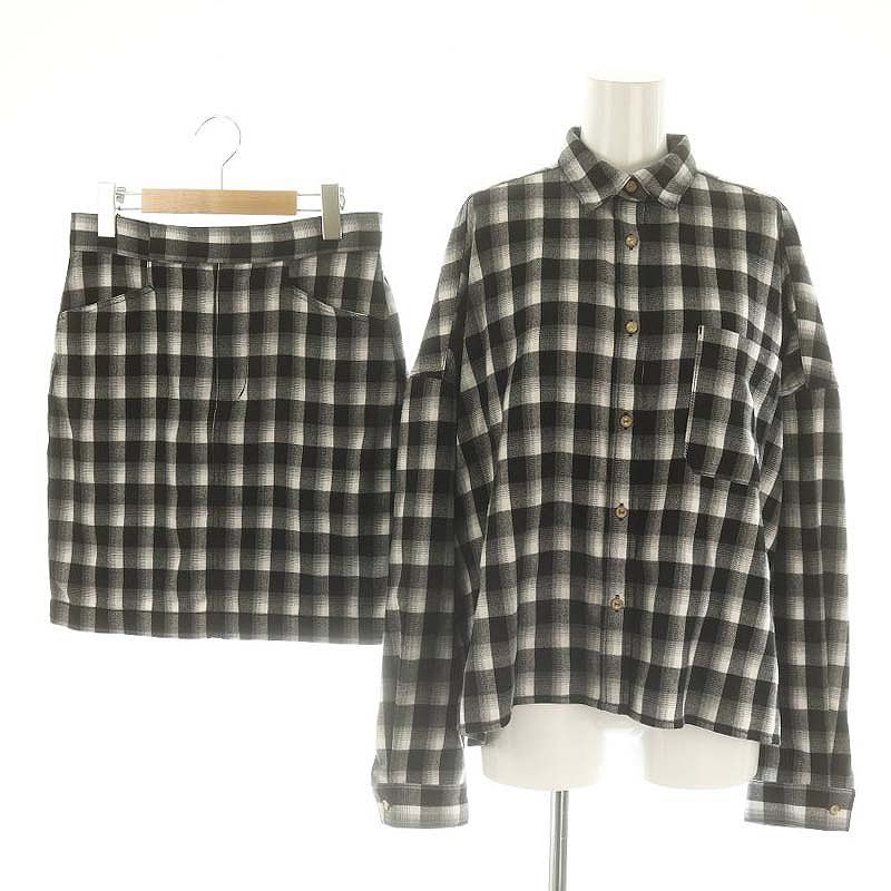 ハーリップトゥ Herlipto Oversized Check Shirt Set セットアップ 上下 シャツ ブラウス 長袖 前開き タイトスカート ミニ チェック M 黒 白 グレー |NR OS