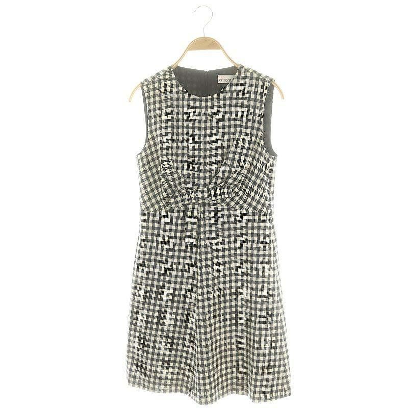 レッド ヴァレンティノ RED ウエストリボンチェックノースリーブ ひざ丈 コットン 38 M 白 ホワイト 黒 ブラック |YQ OS