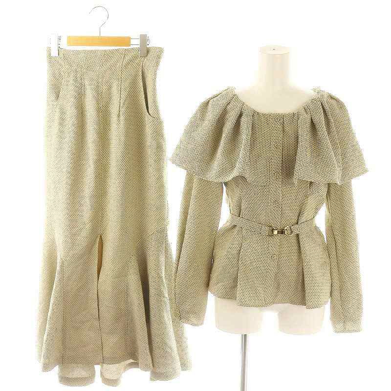 ミーアンドミークチュール me-me couture フリルブラウス マーメイドスカート セットアップ 長袖 フロントボタン ロング丈 ミモレ丈 ベルト付き 緑 グリーン 白 ホワイト |YQ OS