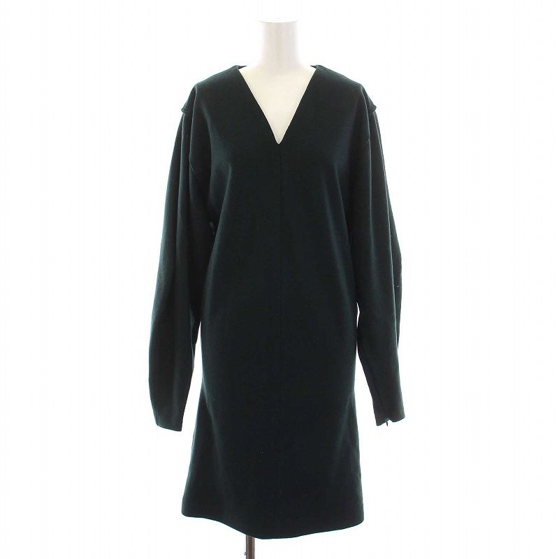 ウィムガゼット Whim Gazette 22 AW メルトンスムースワンピース ニット ひざ丈 Vネック 長袖 36 S ダークグリーン 緑 |YM