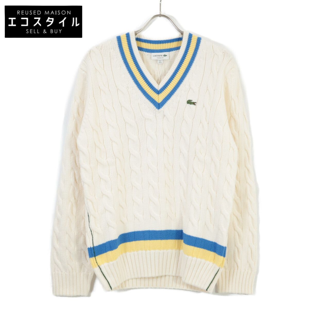 Lacoste ラコステ ﾎﾜｲﾄ AH 0493 L ｳｰﾙ混 Vﾈｯｸ ｹｰﾌﾞﾙﾆｯﾄ M