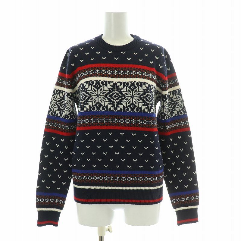 エムエスジーエム MSGM ニット セーター 長袖 クルーネック フェアアイル柄 ウール 総柄 XS 紺 ネイビー マルチカラー BB