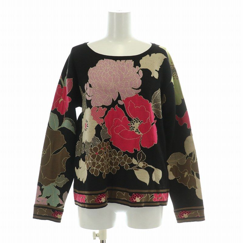 レオナール LEONARD PARIS ニット 長袖 クルーネック ラメ 花柄 ウール 40 L 黒 ブラック マルチカラー |BB