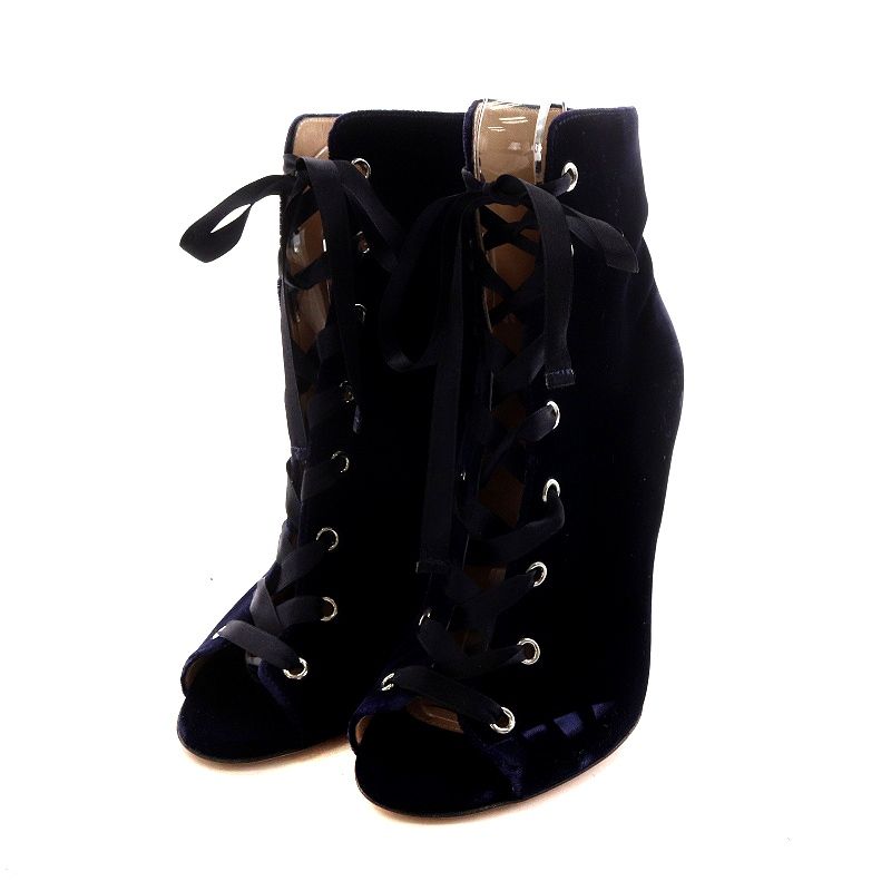 ジャンヴィトロッシ Gianvito Rossi ショートブーツ ベルベット オープントゥ ピンヒール 36 23 cm 青 ブルー |AK 21 SH