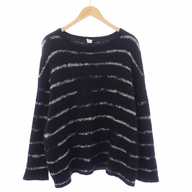 サンローラン パリ SAINT LAURENT PARIS ニット セーター 長袖 クルーネック ボーダー モヘヤ混 XL 黒 ブラック KH AA