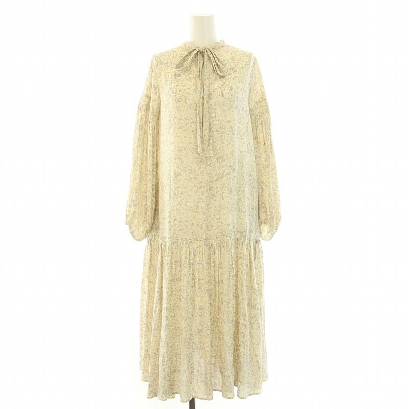 イエナ IENA 22 AW シャドーフローラルワンピース フ ギャザー ミモレ ロング 長袖 リボン 花柄 総柄 36 S アイボリー グレー |BB