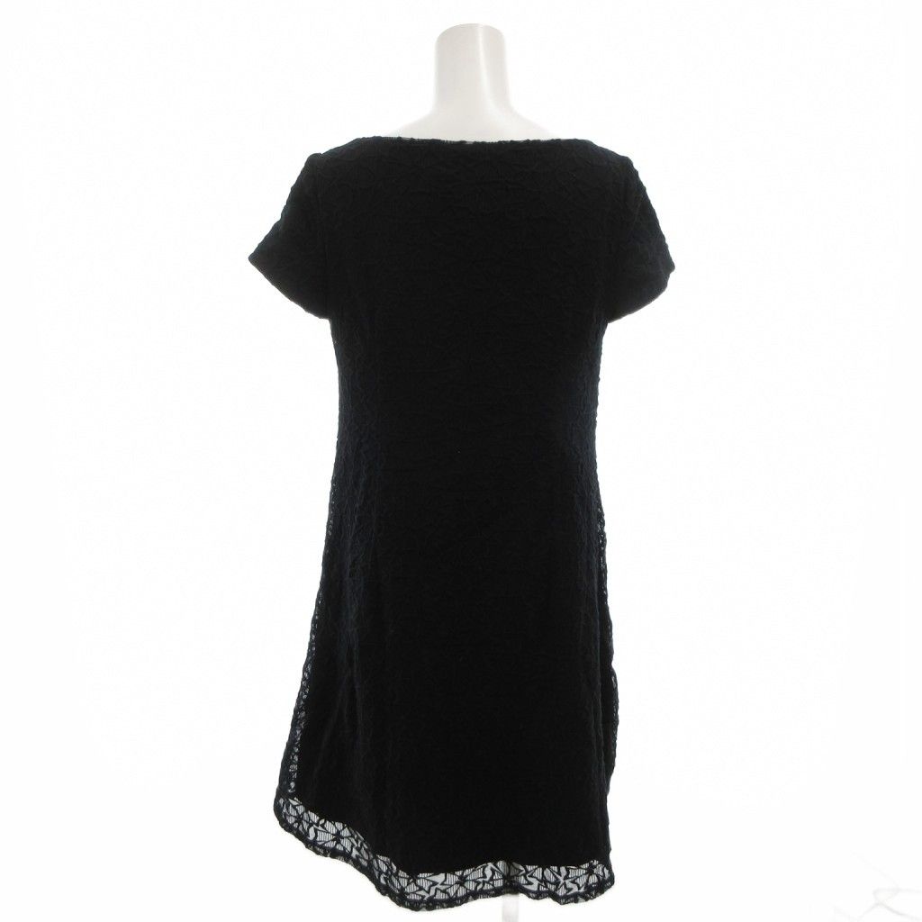 シビラ SYBILLA ワンピース 総レース ラウンドネック タック 半袖 ひざ丈 M 黒 ブラック |FF
