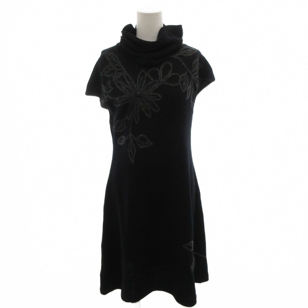 シビラ SYBILLA ニットワンピース タートルネック 刺繍 花がら フレンチスリーブ M 黒 ブラック |FF