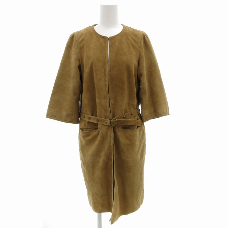 ドゥーズィエムクラス CLASSE ノーカラーコート ミドル ベルテッド シープスキン スエード 36 S 茶 ブラウン |GV IBO 62