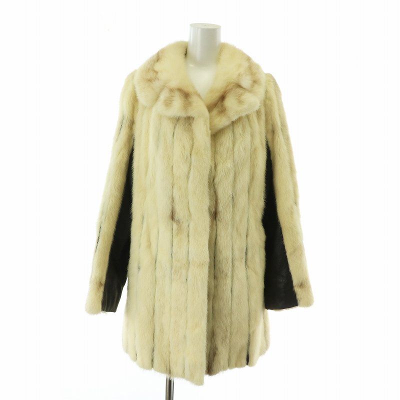 【中古】ノーブランド ファーコート アウター 毛皮 ミンク レザー 切り替え ミドル 白 茶色 黒 ノーブランド ファーコート アウター 毛皮 ミンク レザー 切り替え