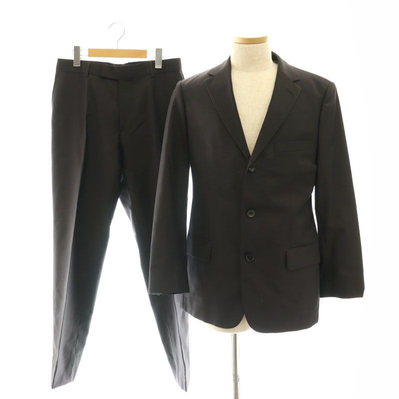 ヒューゴボス HUGO BOSS セットアップ 上下 スーツ Super 120 ストライプ テーラードジャケット 3 B 総裏地 テーパードパンツ センタープレス ジッパーフライ ウール 38 ダークブラウン ライトグレー |DO OS