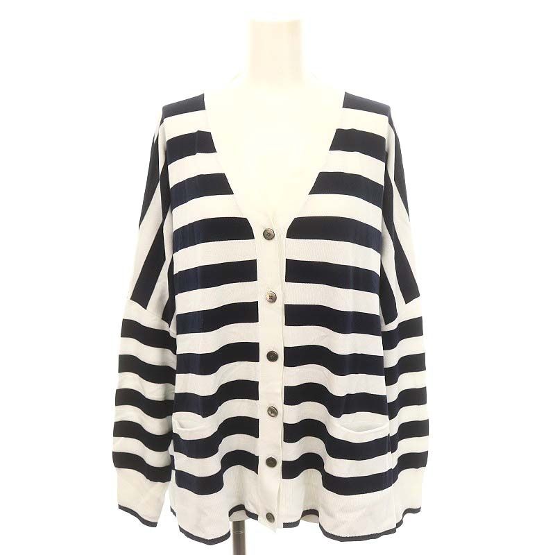 イエナ IENA 22 SS ストレッチキュプラVネックカーディガン ニット 長袖 ボーダー柄 F 白 ホワイト 紺 ネイビー YQ OS