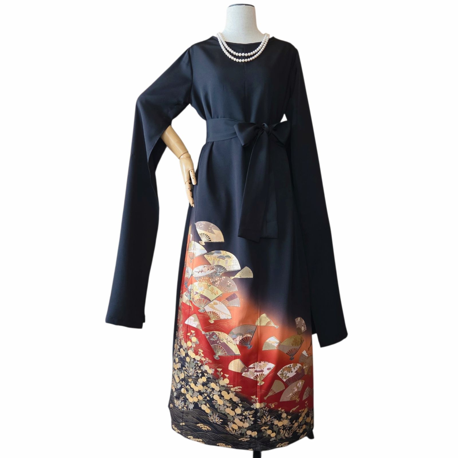 ❦Kaena❦ 着物リメイク ワンピース ロング袖スリット 作家物 ロング