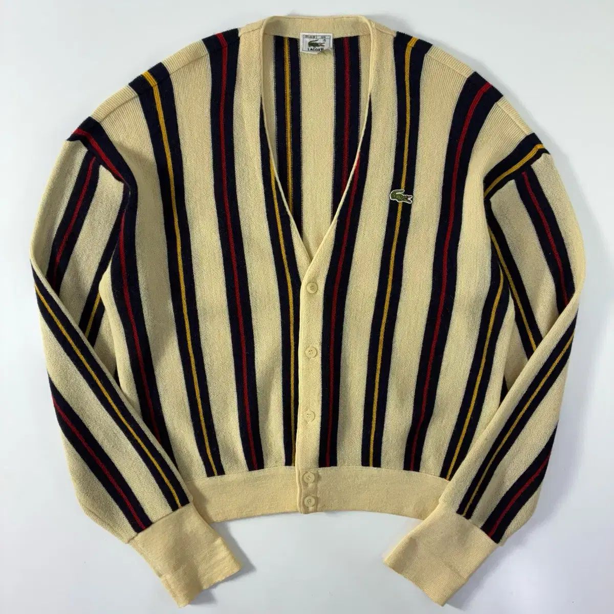 LACOSTE ラコステ 刺繍 ストライプ ウール ニット カーディガン