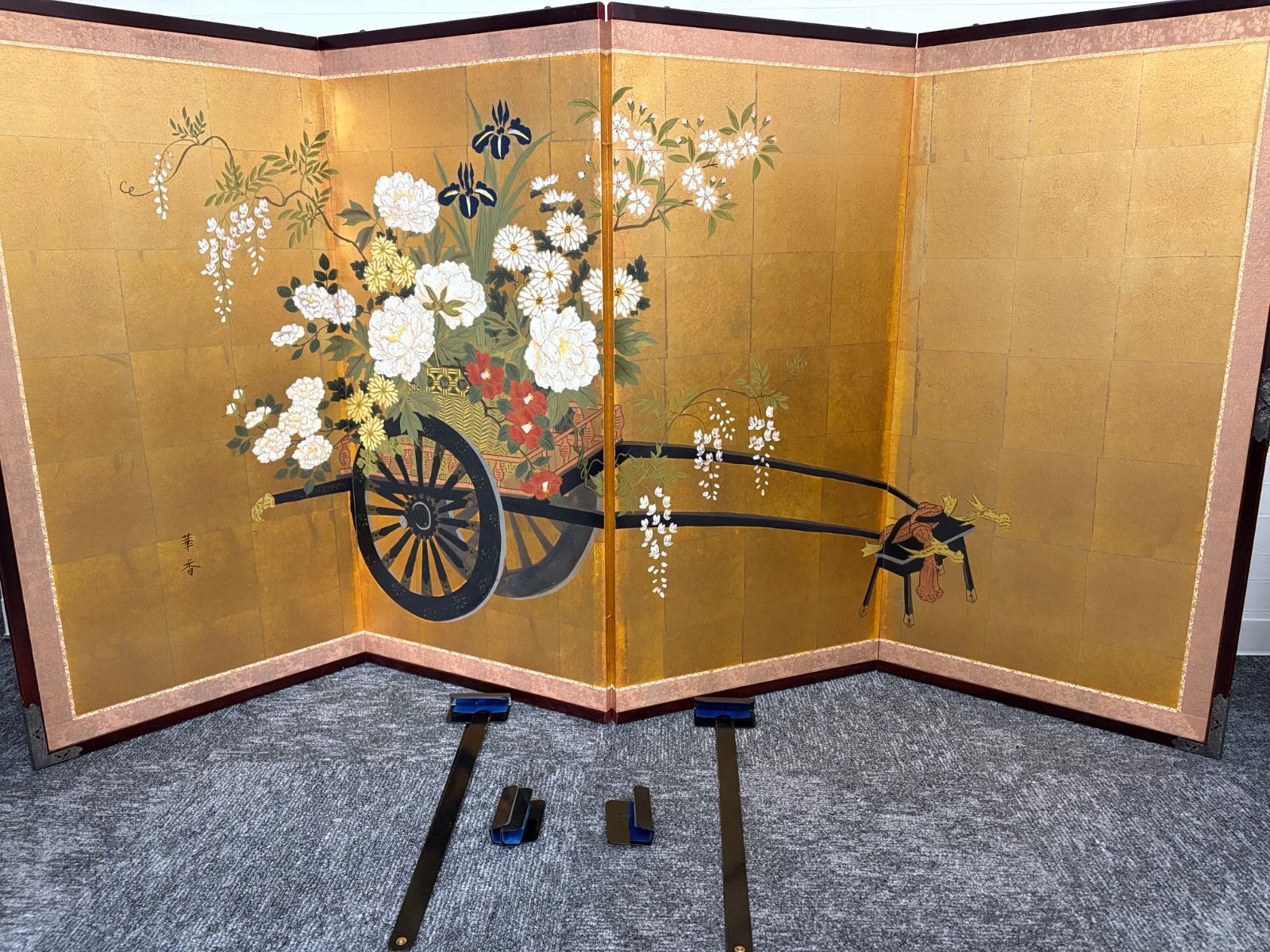 金屏風 六曲屏風 花車図 花柄 和風インテリア