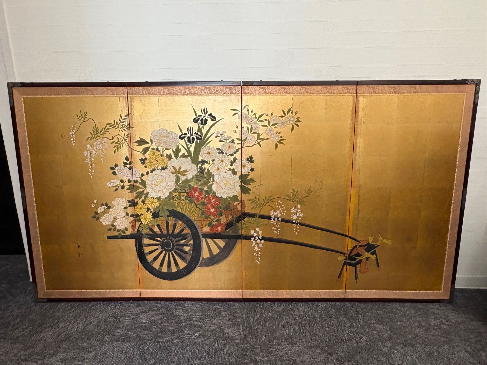 金屏風 六曲屏風 花車図 花柄 和風インテリア