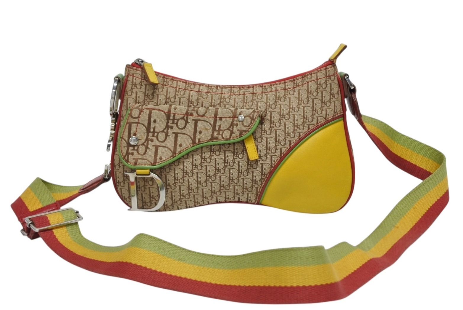 Christian Dior クリスチャンディオール ショルダーバッグ トロッター ラスタカラー レザー キャンバス シルバー金具 4 b 011223