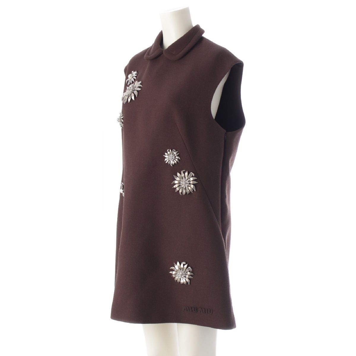 ミュウミュウ 24年 コレクションライン バージンウール ショート ナテドレス メタルフラワー ビジュー ミニドレス ワンピース MF 5575 ブラウン 40