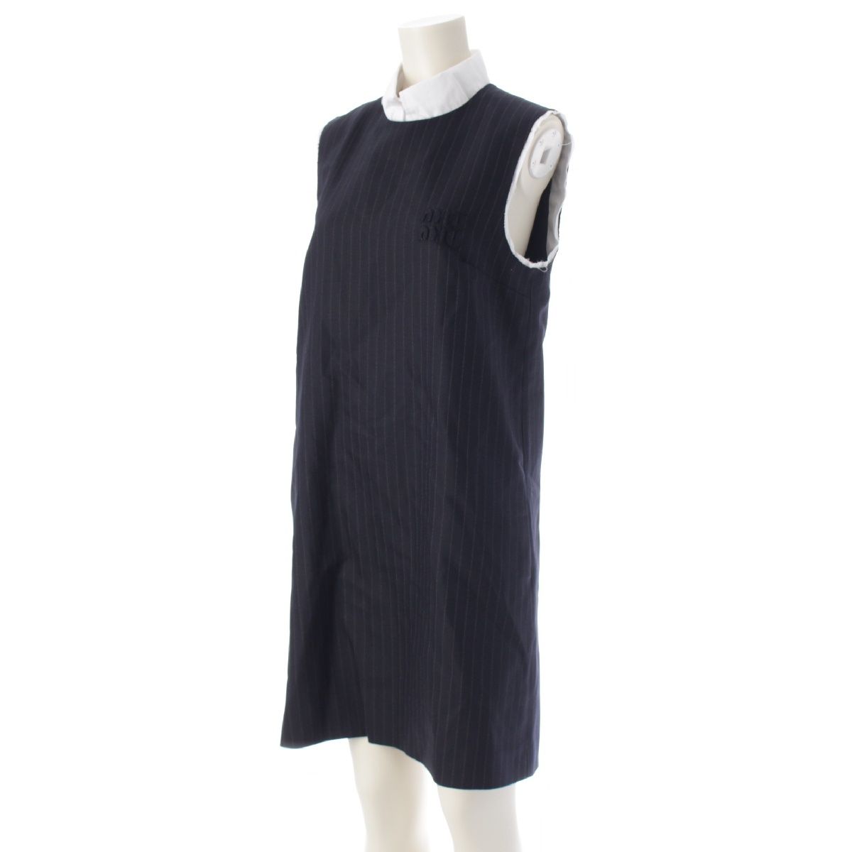 ミュウミュウ 24 AW ノースリーブ カットオフ加工 ロゴ ストライプ ワンピース ピンストライプドレス ネイビー グレー 40