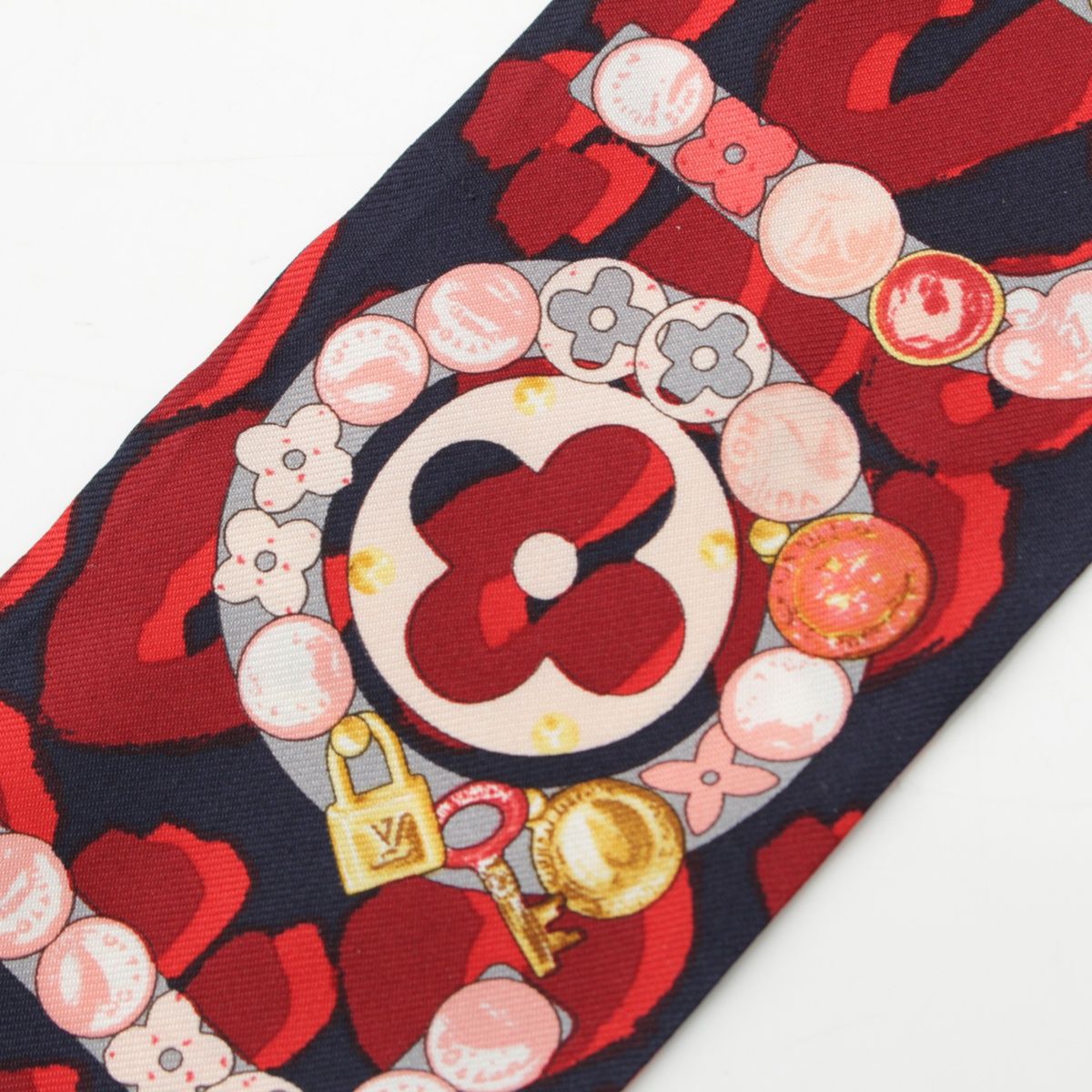 ルイ・ヴィトン シルクスカーフ 赤　モノグラム柄 ルイヴィトン バンドー シルク モノグラム キー柄 ロゴ スカーフ