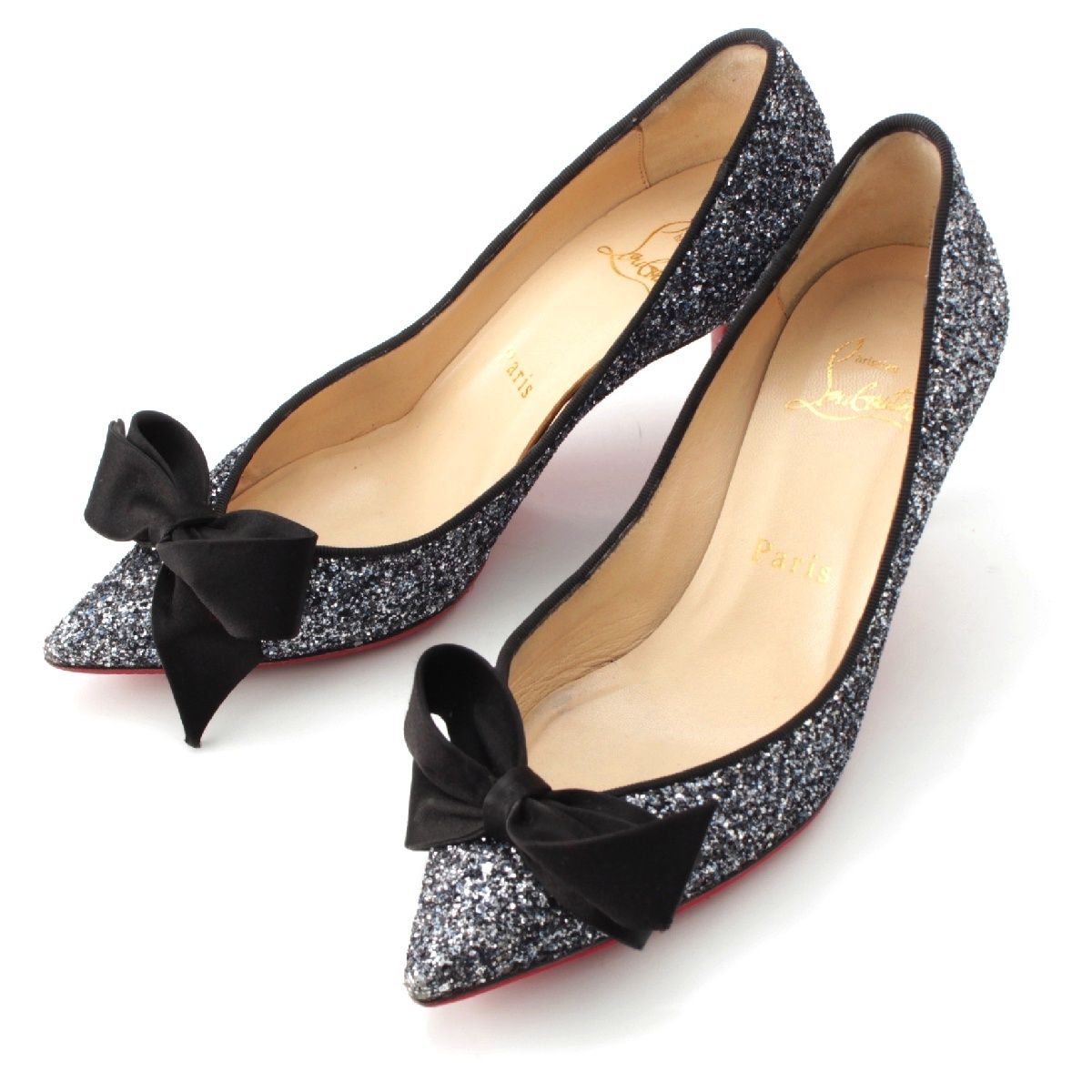 クリスチャンルブタン グリッター リボン ヒール パンプス ブラック シルバー 34 1|2