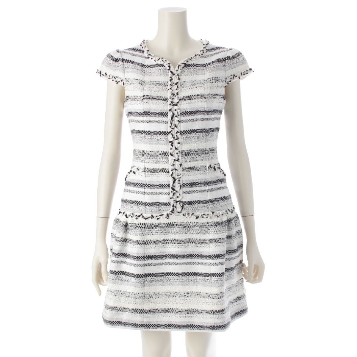 ルネ コットン ナイロン混 半袖 ツイード ワンピース 6616130 ブラック×ホワイト 34