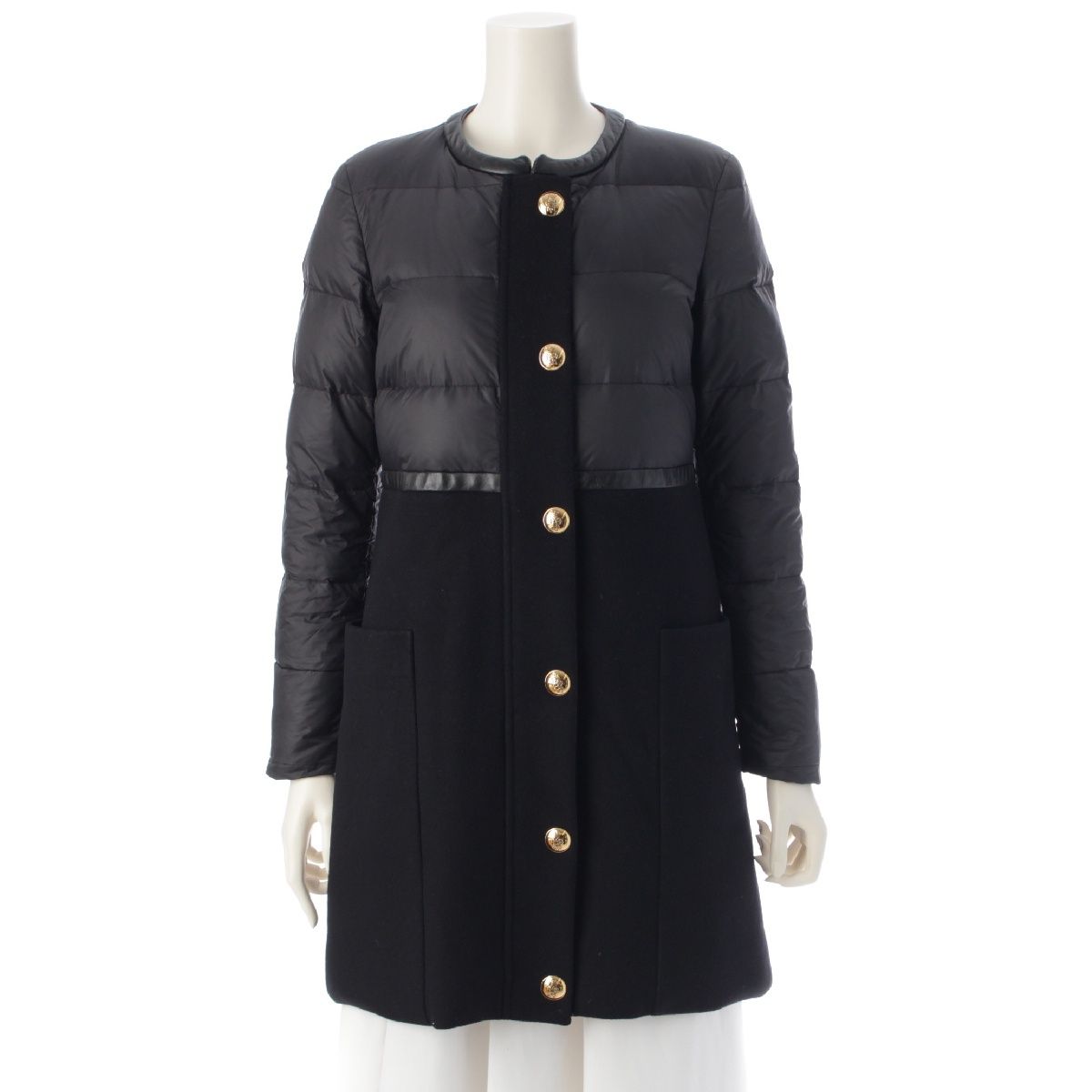 エミリオプッチ ウール×ナイロン ダウン 切替 ノーカラー コート アウター ブラック F 34