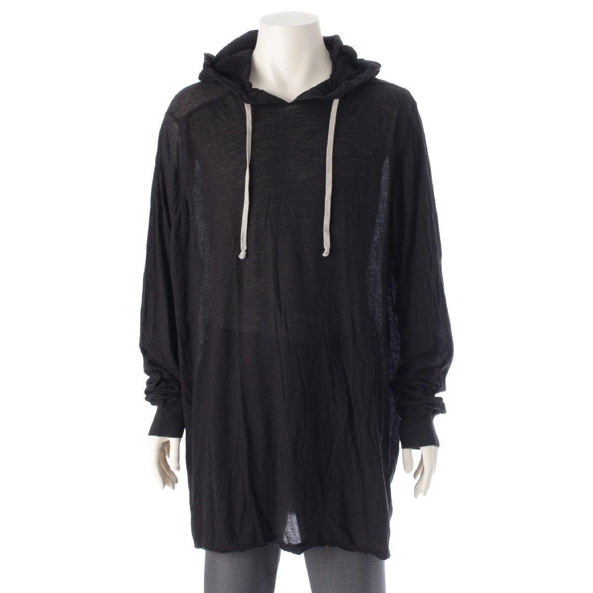 リックオウエンス 23 AW コットン POPOVER HOODIE オーバーサイズ フーディー シアーカットソー 長袖Ｔシャツ ブラック XL