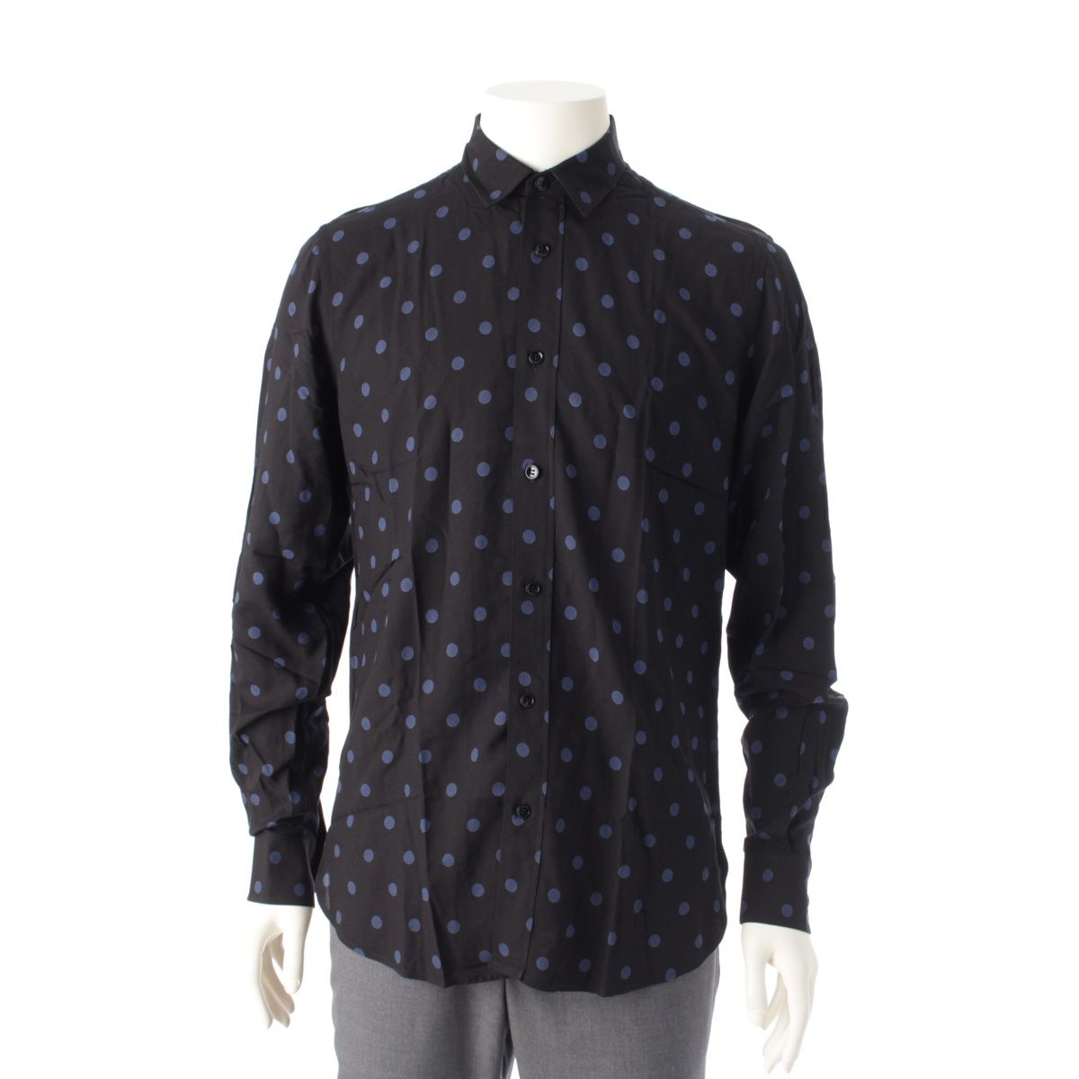 サンローラン 16年 エディ期 ドット 水玉柄 長袖シャツ トップス 376916 ブラック×ネイビー 38|15