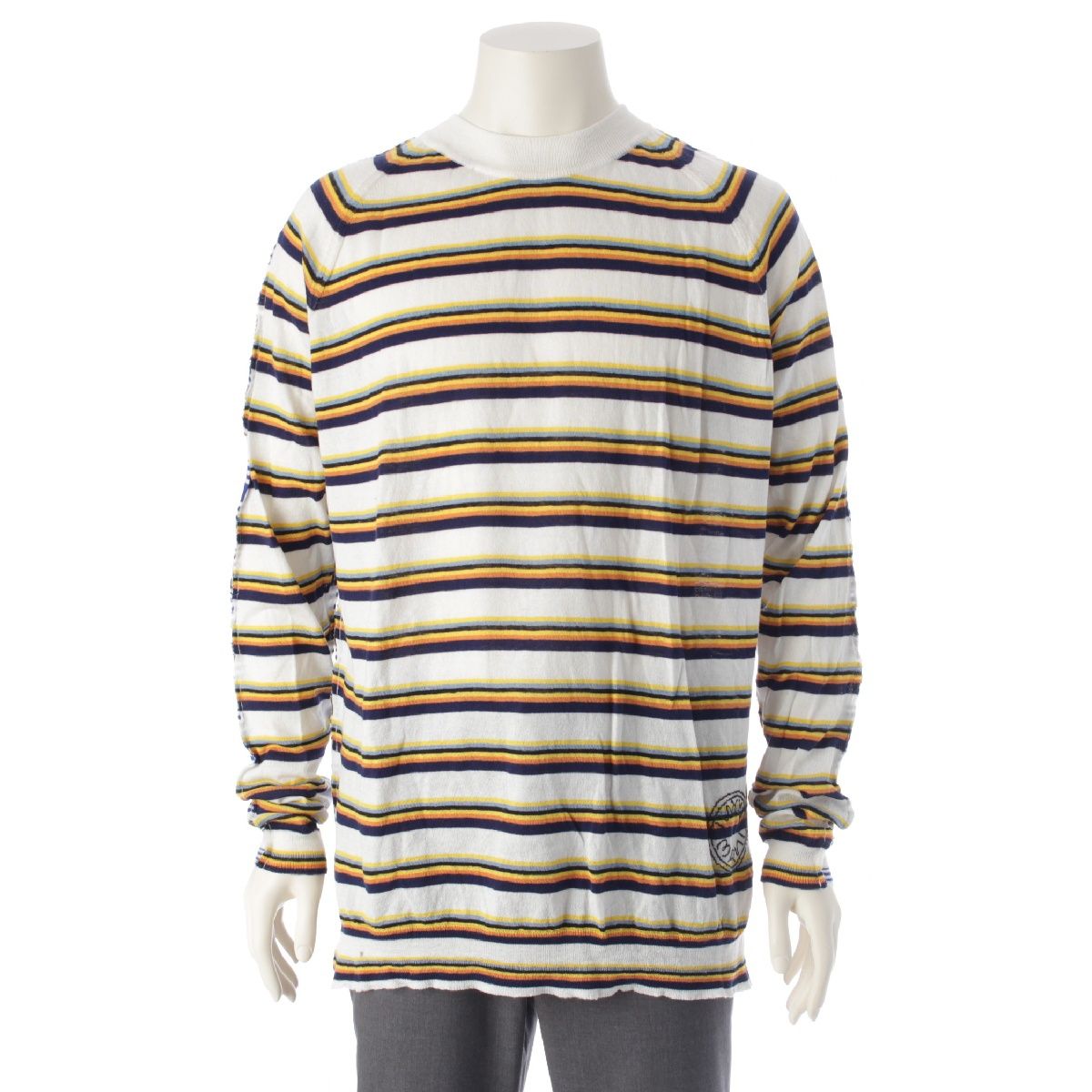 マルニ 22 SS コットンリネン ボーダー ニット LS Tシャツ ロゴ刺繍 ロングスリーブ クルーネック ホワイト 52