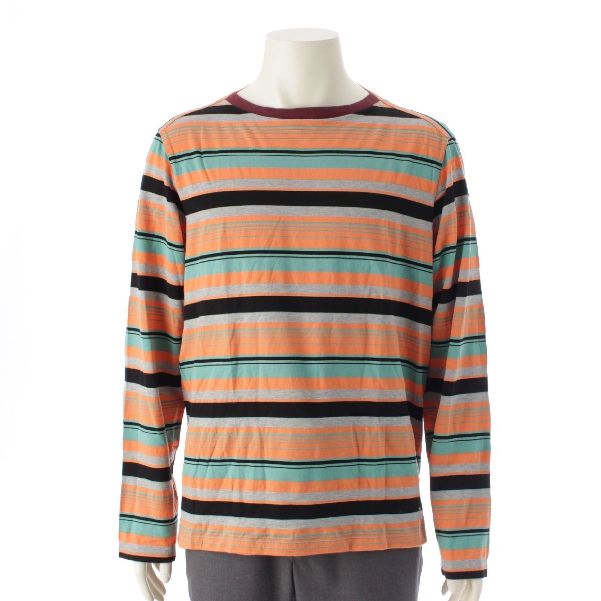 マルニ 19 AW コットン ボーダー切替 ロゴ刺繍 クルーネック 長袖Ｔシャツ トップス カットソー マルチカラー オレンジ系 50