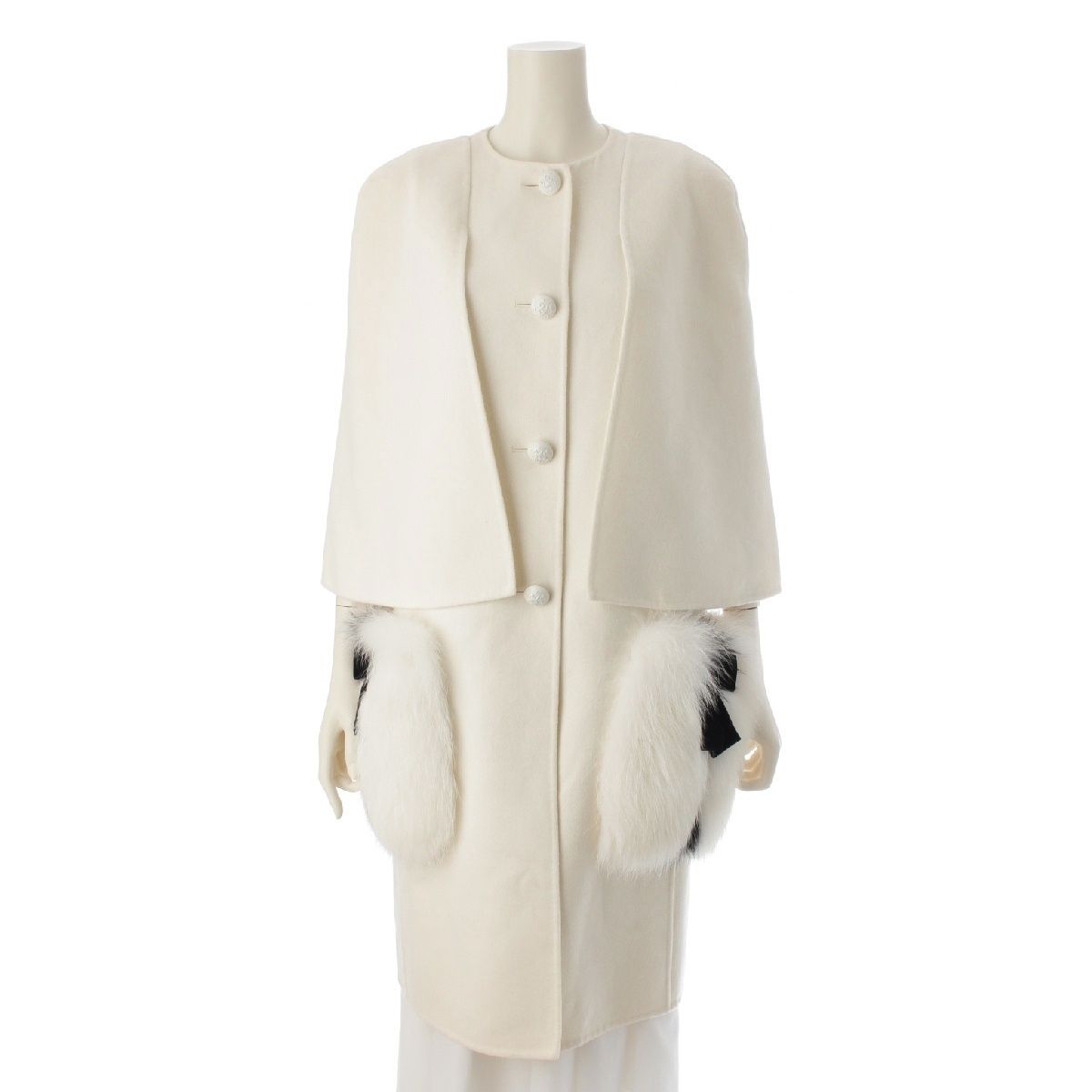 フェンディ ウール フォックスファー ノーカラー コート アウター FF 8522 W 1 D ホワイト ブラック 40