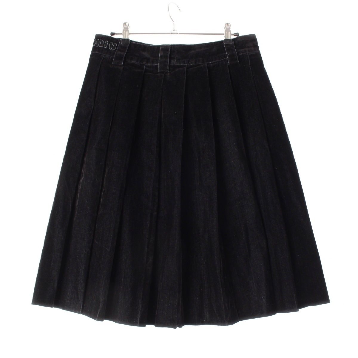 ミュウミュウ 25 SS コットン フロック加工 シャンブレー プリーツ ロゴ サイドジップ スカート MG 1921 ブラック 38