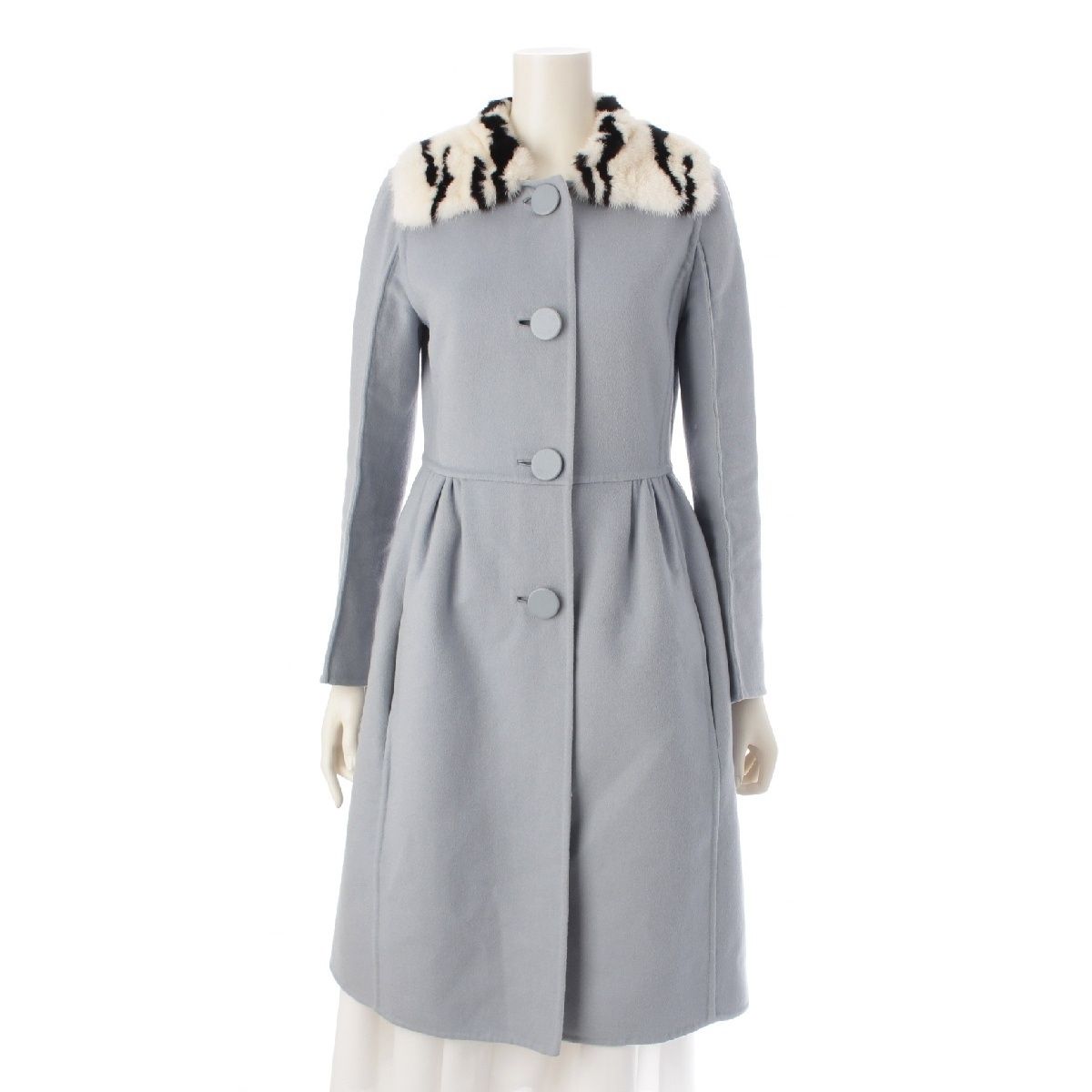 フェンディ ウール ミンクファー ゼブラ柄 ロング コート アウター FF 8372 ライトブルー 38