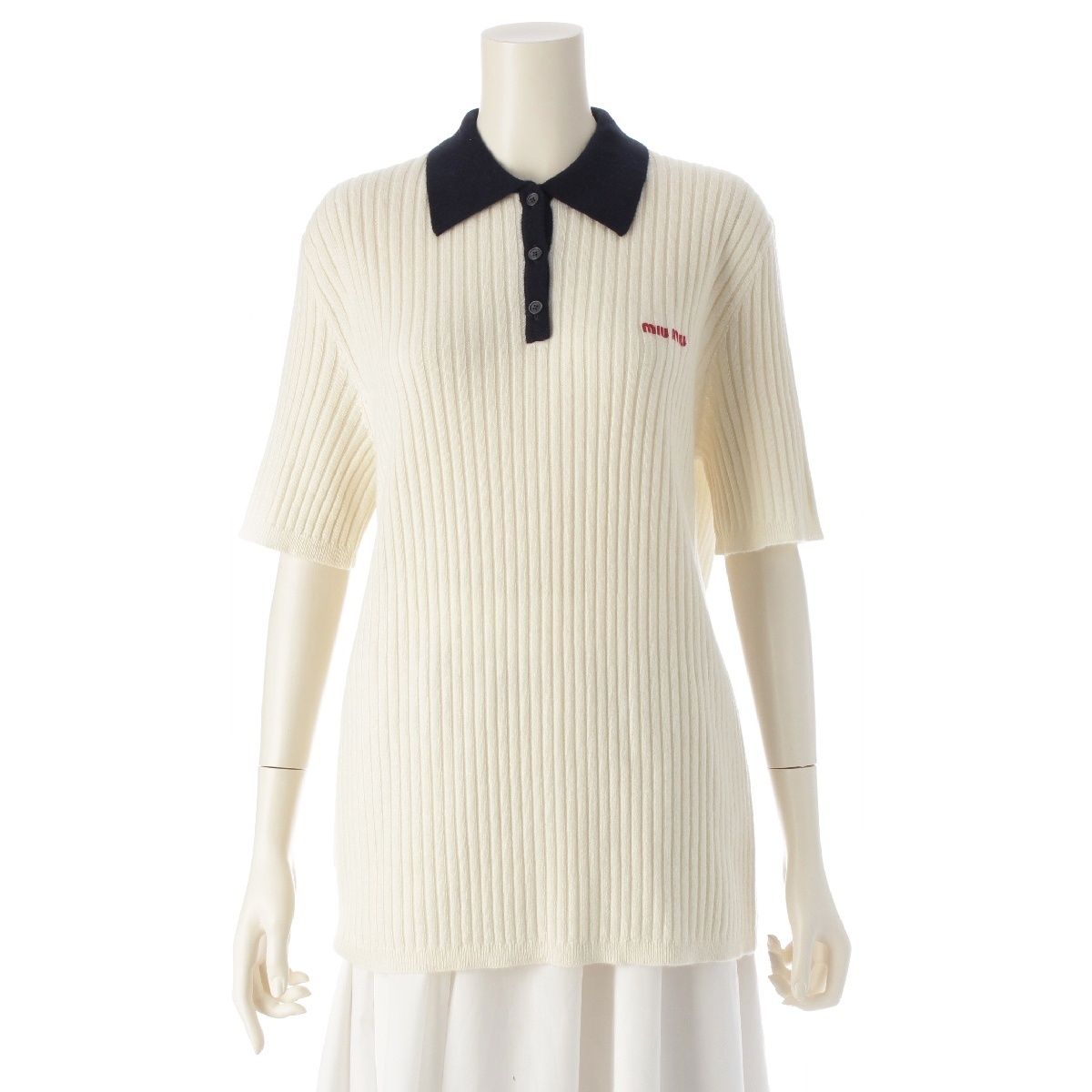 ミュウミュウ 24-25 AW カシミヤ ロゴ ニット 半袖 ポロシャツ トップス MMLA 34 オフホワイト 42