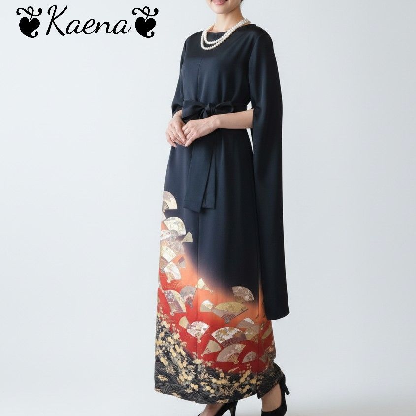 ❦Kaena❦ 着物リメイク ワンピース ロング袖スリット 作家物 ロング