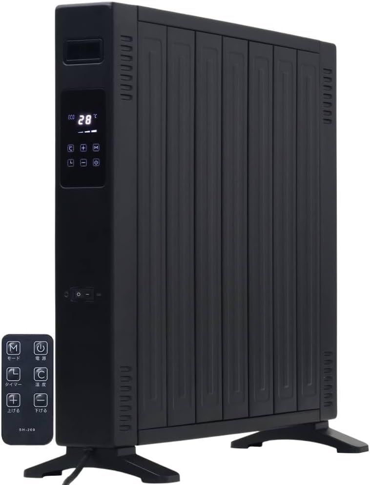 オイルレスヒーター オイルフリーヒーター 1200 W 8畳 リモコン付き 省エネ 燃料不用 温度調節機能 速暖 軽量 ハイパワー タイマー 安全装置付き タッチパネル操作 ブラック