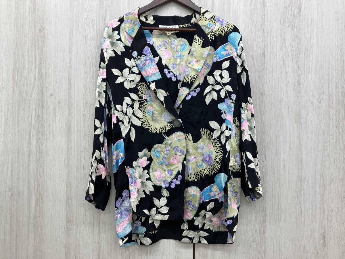 LEONARD KEIZO AYATA テーラードシャツ サイズ38 シルク100％ 総柄 BLK 長袖シャツ ブラウス