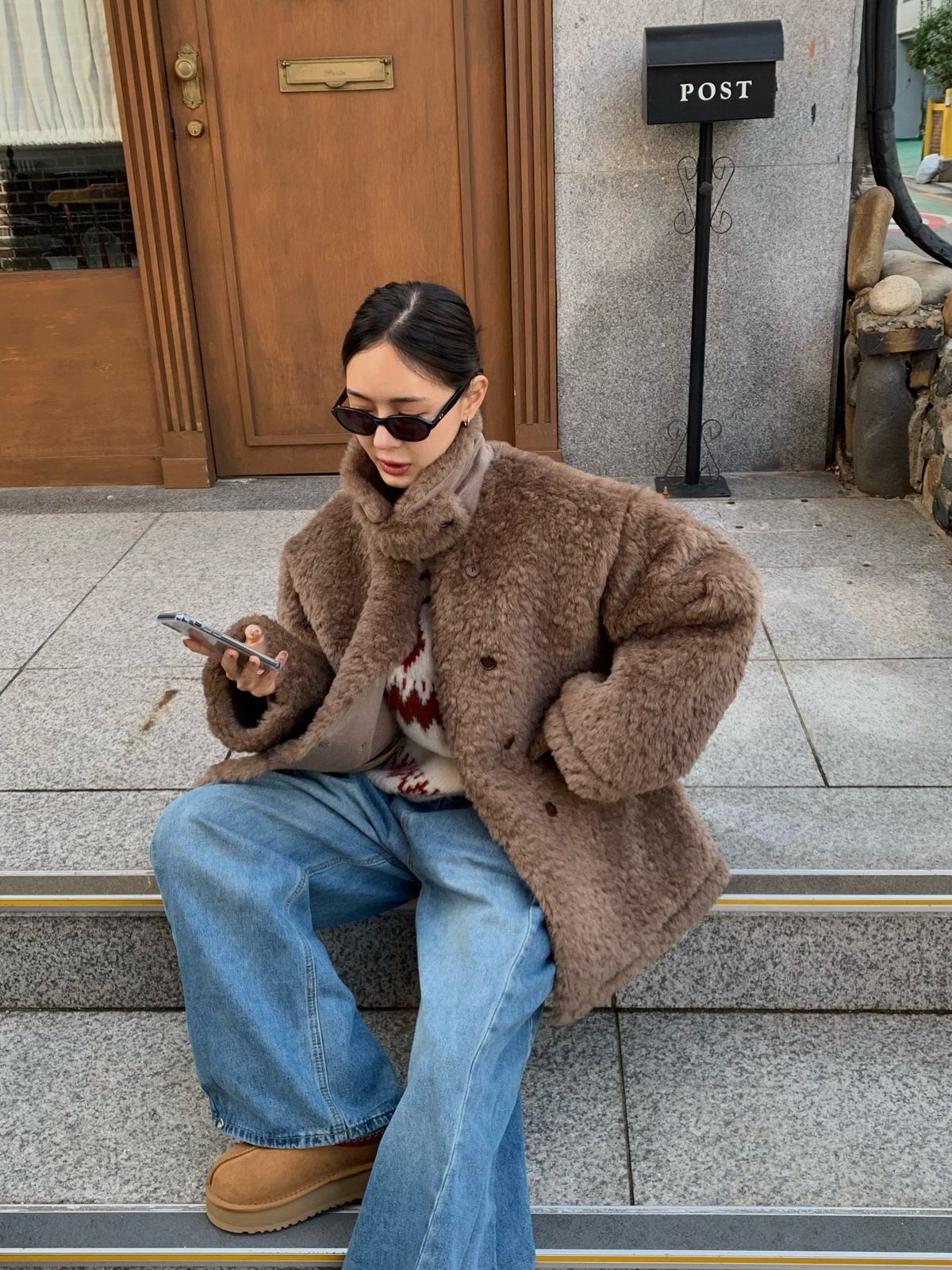 ボア リーバー ムートン 冬 ハイネック ハーフ 両面起毛 ブークレ フリース アウター ファージャケット